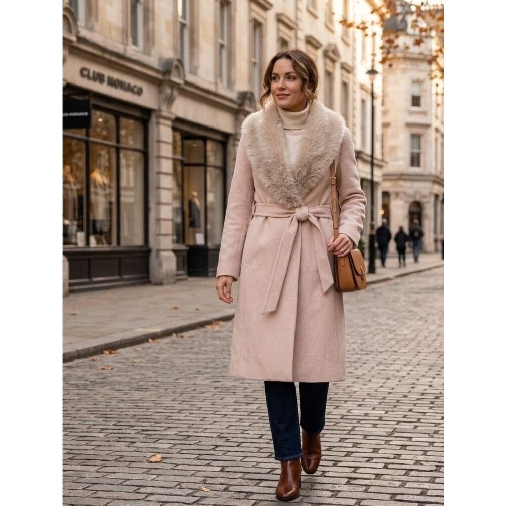 Club Monaco Pink Daylina Wool Wrap Coat w/ Detachable Faux Fur Trim M - Picture 2 of 11